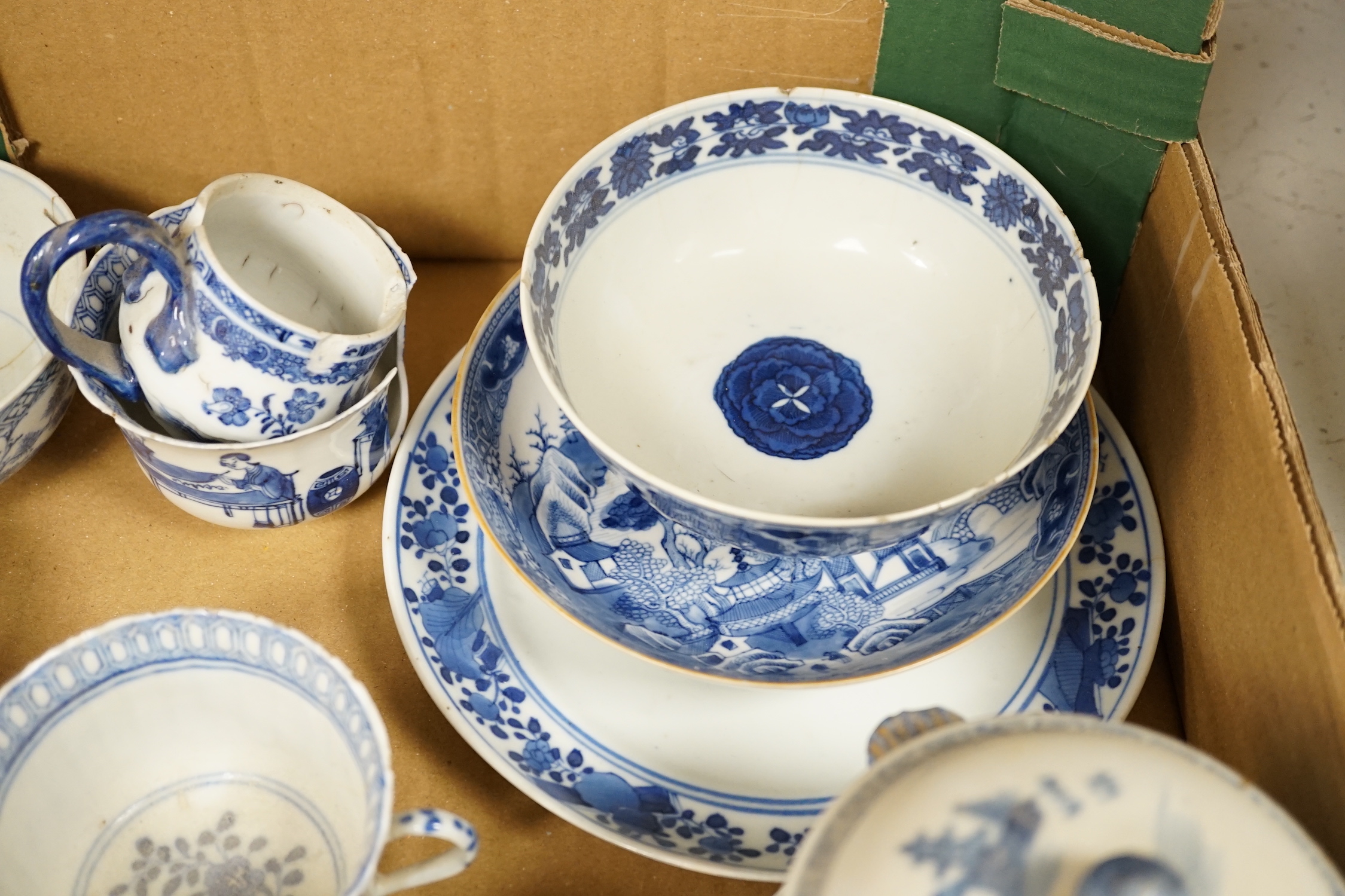 A collection of mostly Chinese blue and white bowls, plates, cups etc. 18th to early 20th century